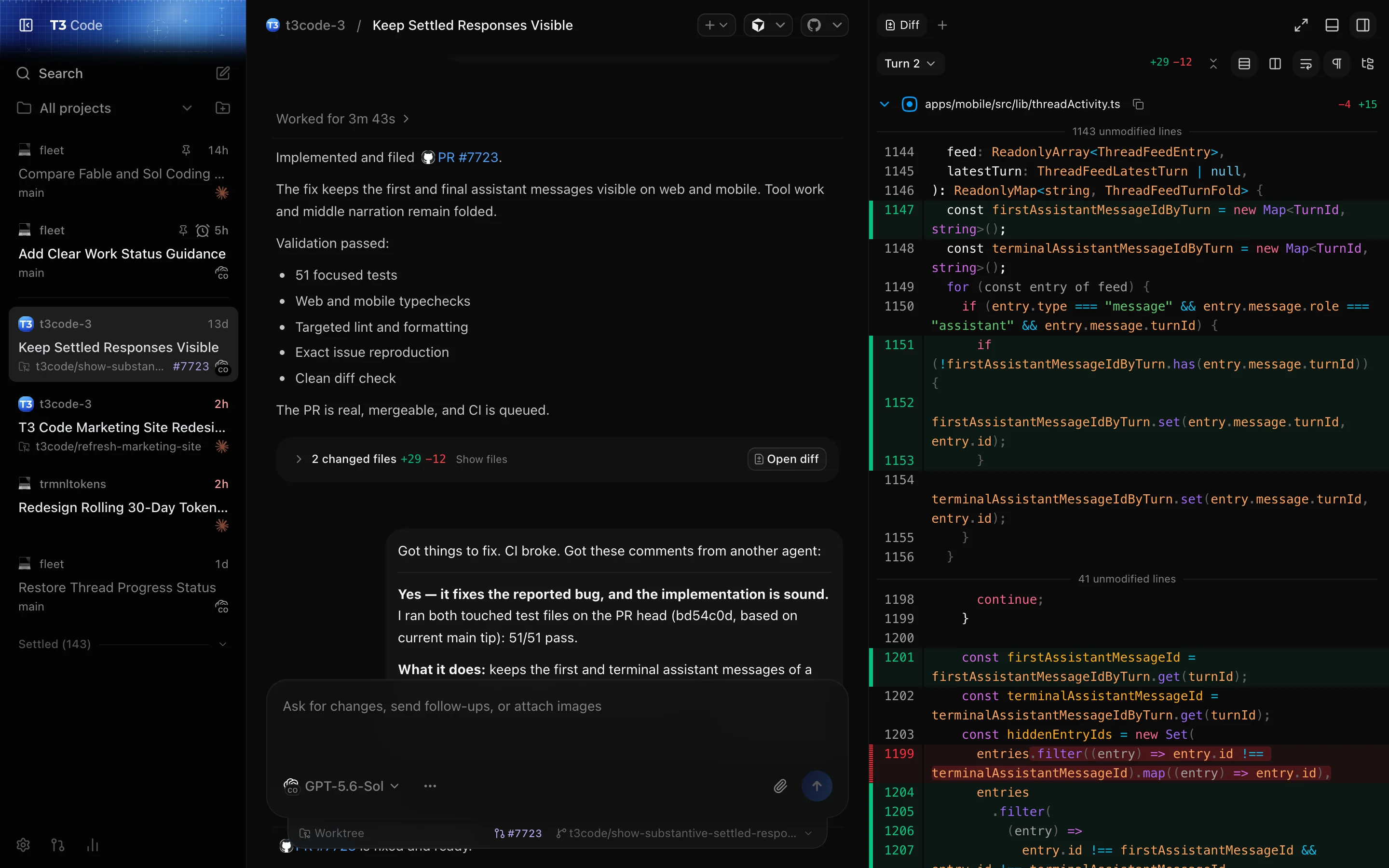 T3 Code with a thread next to its pull request diff